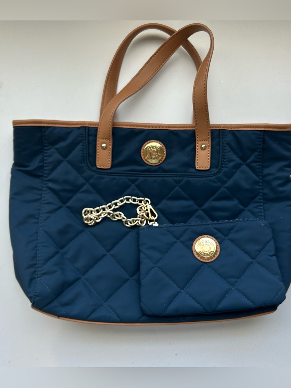 Tommy Hilfiger Navy Quilted Tote with Tan Trim and Gold Hardware